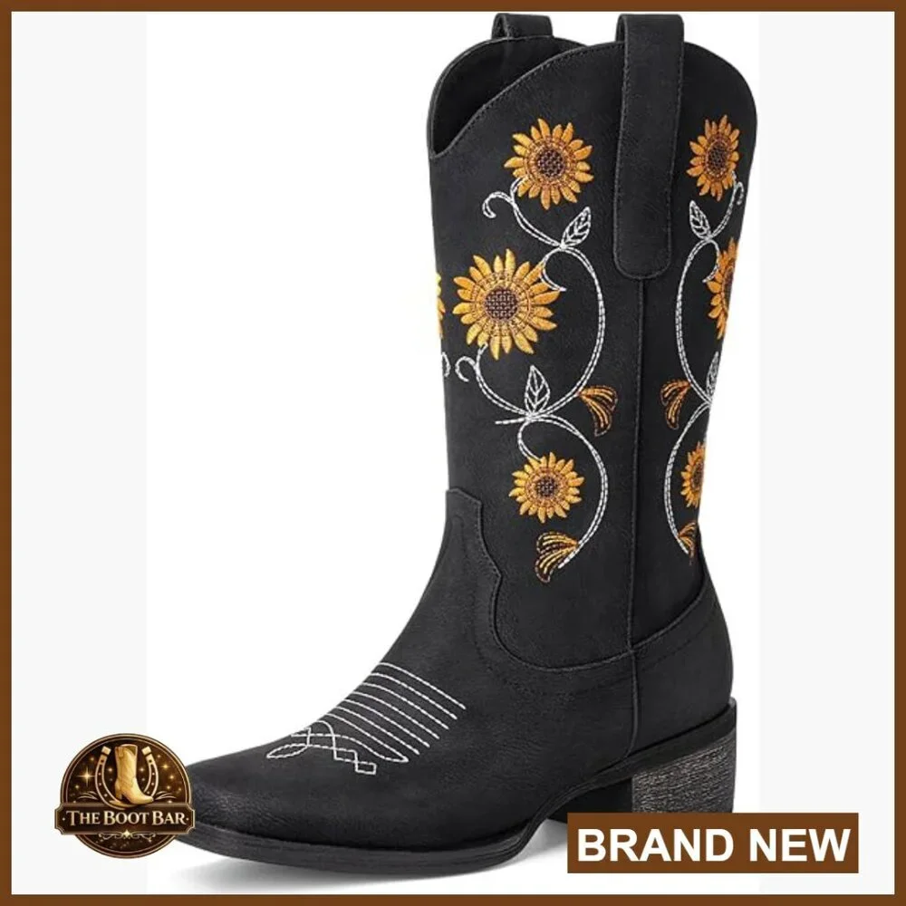 Mid Calf Western Cowgirl Boots Floral Embroidery Square Toe Pull On